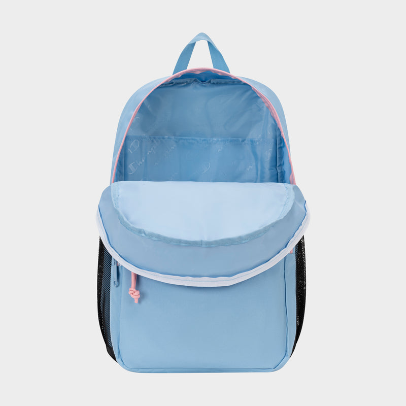 The Champion Luna Backpack is a light blue minimalist bag with black mesh side pockets, a pink zipper pull, and a dedicated laptop sleeve. Displayed open and empty against a plain white background.