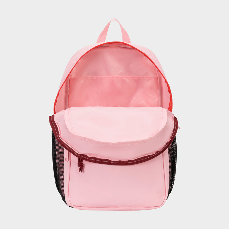 The Champion Luna Backpack is displayed open against a plain white background, showcasing its empty main compartment and dedicated laptop sleeve. This pink minimalist bag features a maroon zipper, black mesh side pockets, and a top handle—making it perfect for your everyday carry.