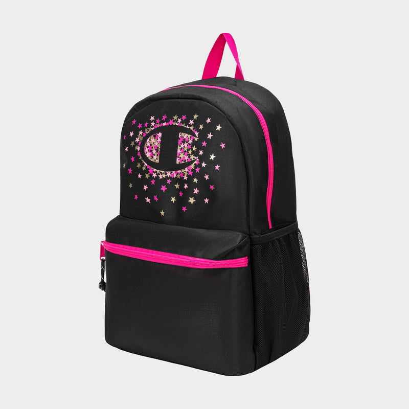 The Champion Kids' Merit Backpack is a black sports backpack with neon pink zippers, handle, and a large pink metallic logo with star patterns. Made of durable polyester, it features a front pocket and mesh side pocket.