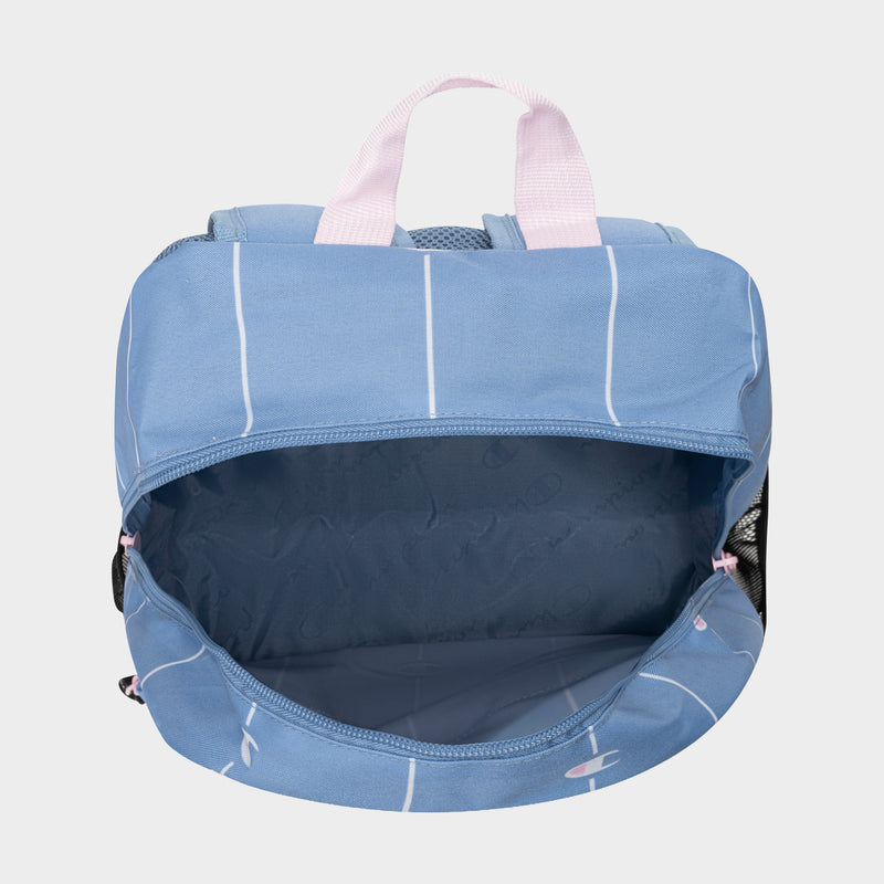 The Champion Kids' Merit Backpack, made of durable polyester in blue with pink handles and white stripes, is shown open and empty to highlight its roomy main compartment—ideal as a kids’ sports backpack.