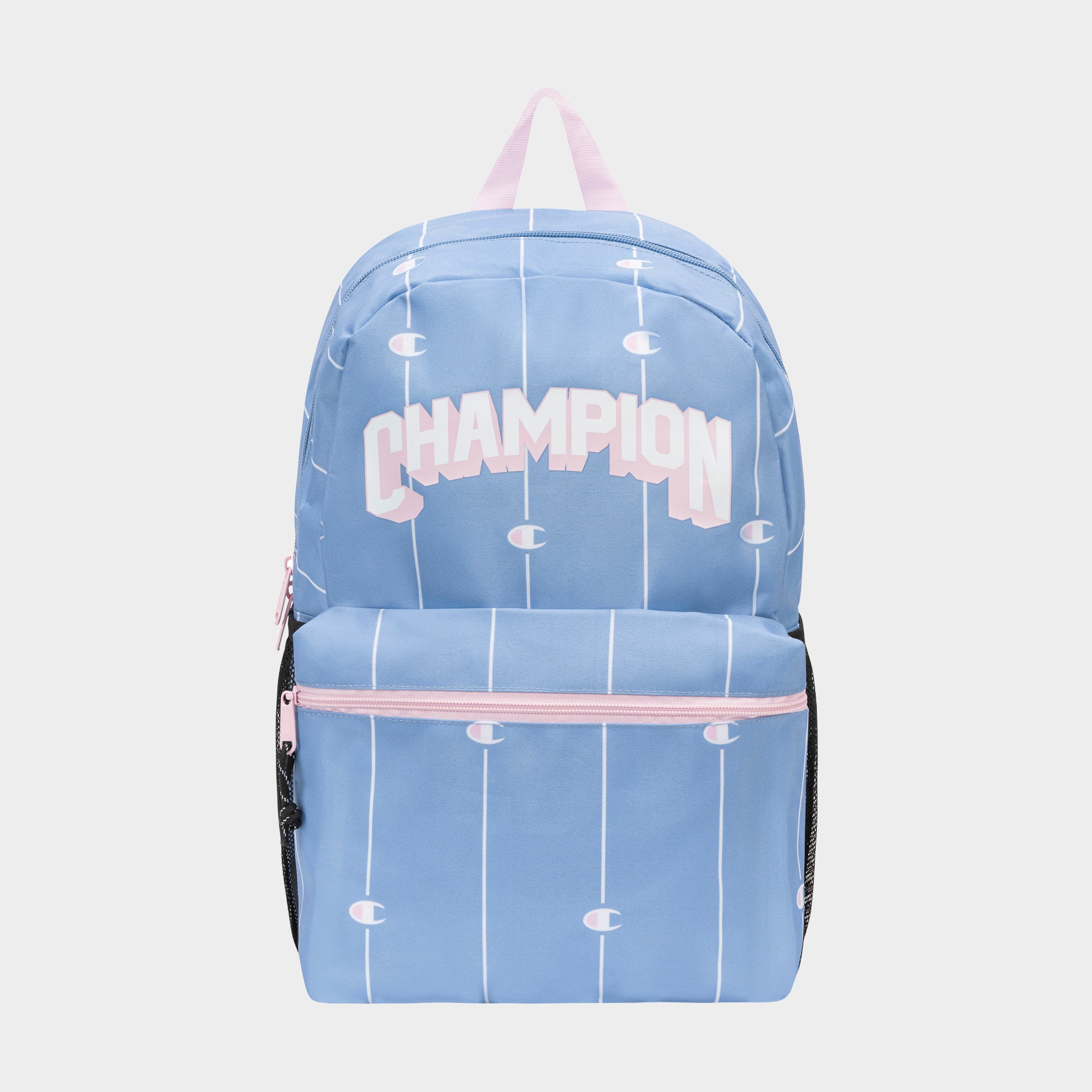 The Kids' Merit Backpack by Champion features a light blue durable polyester build with vertical white lines, small Champion logos, large white and pink CHAMPION text on the front, pink zippers, black mesh side pockets, and a laptop sleeve.