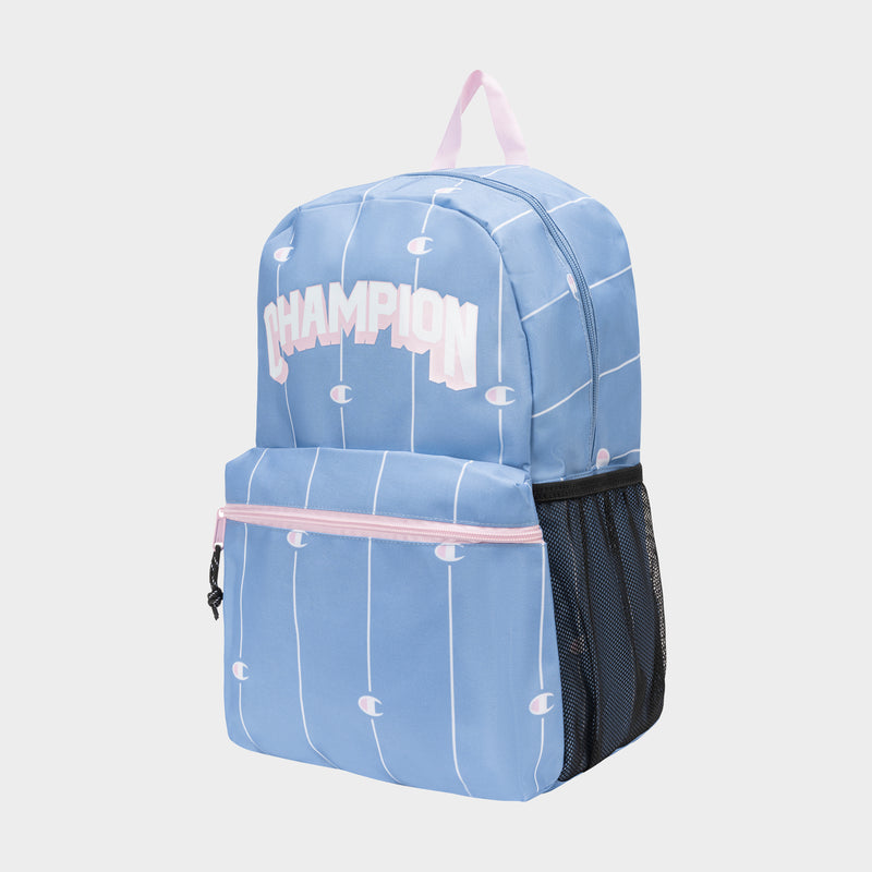 The Kids' Merit Backpack by Champion is light blue polyester with white stripes, a pink zipper and handle, black mesh side pocket, laptop sleeve, and CHAMPION in bold white and pink on the front pocket.