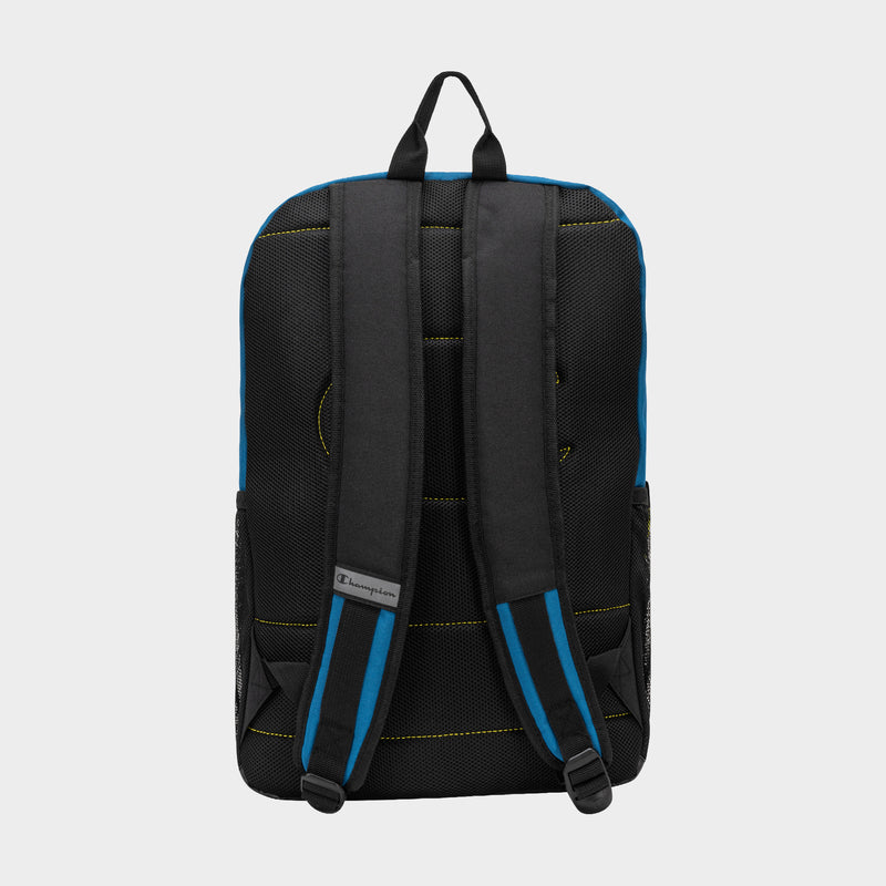 The Champion Kid's Bungee Backpack is shown from the back on a light gray background. It features black fabric, padded shoulder straps, yellow stitching, and blue accents along the edges for a sporty look.