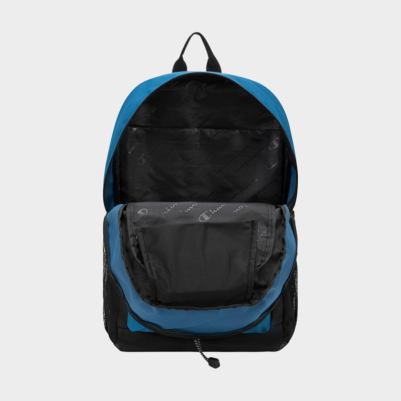 A blue and black Champion Kid's Bungee Backpack is shown against a light gray background with its main compartment unzipped, revealing a spacious interior and smaller inner pocket.