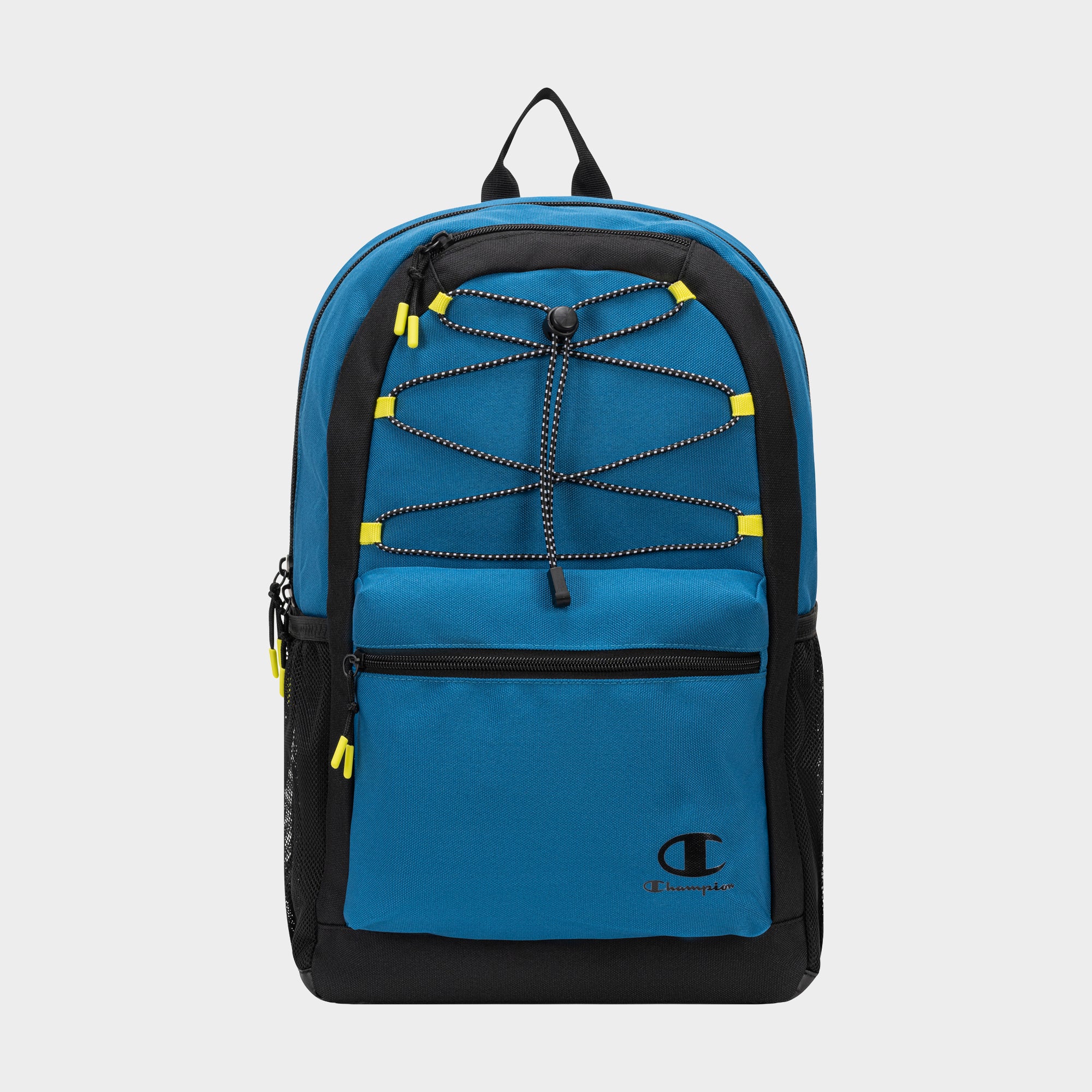 The Champion Kid’s Bungee Backpack features a blue and black design, yellow zipper pulls, front zip pocket, mesh side pockets, zigzag bungee cord on the front, and a Champion logo on the lower right corner.