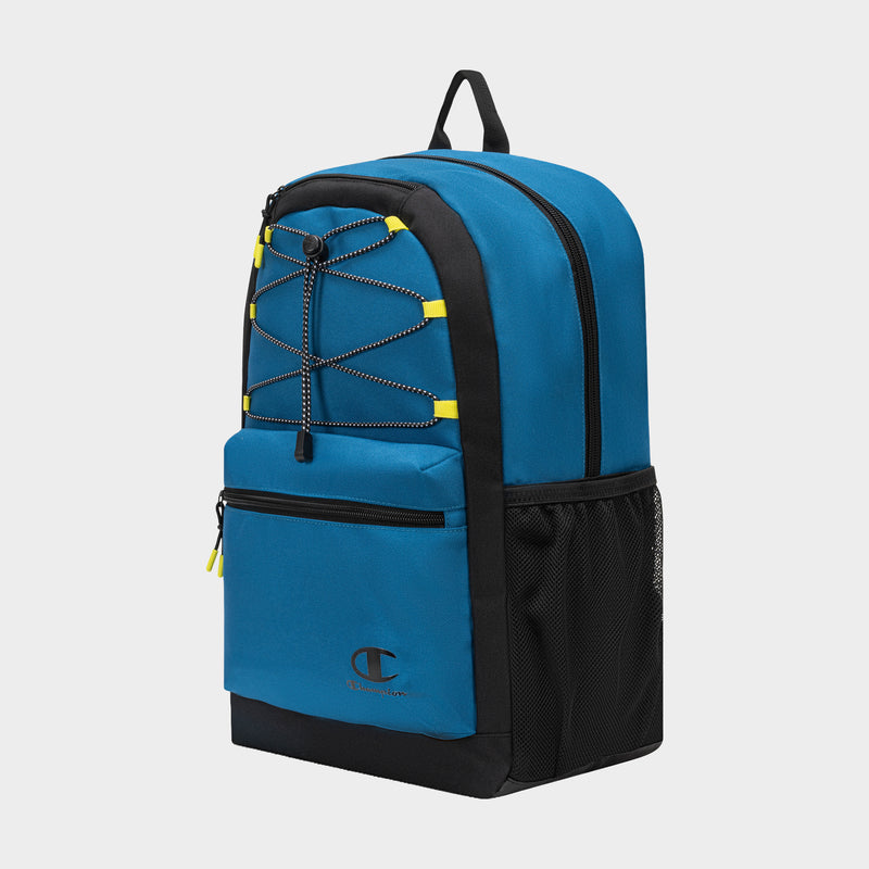 The Champion Kid's Bungee Backpack is blue and black with a front zip pocket, yellow zipper pulls, mesh side pocket, and black handle—shown on a plain white background.