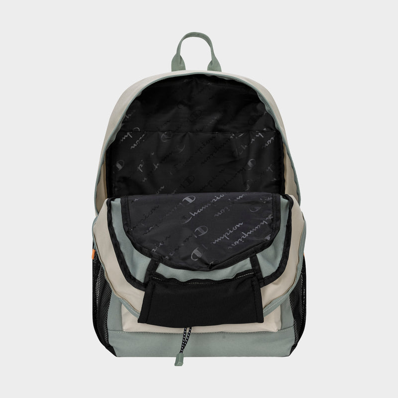 The Champion Kid's Bungee Backpack is shown open on a plain light background, featuring a two-tone design, front pocket, spacious black interior with branded logo pattern, and an inside divider pocket for kids.