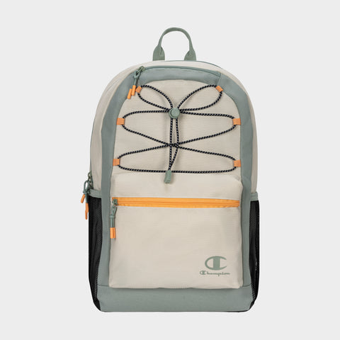The Champion Kid's Bungee Backpack features beige and light green colors, black bungee cords, an orange front pocket zipper, mesh side pockets, and the Champion logo—ideal as a sturdy kids school or sports backpack.