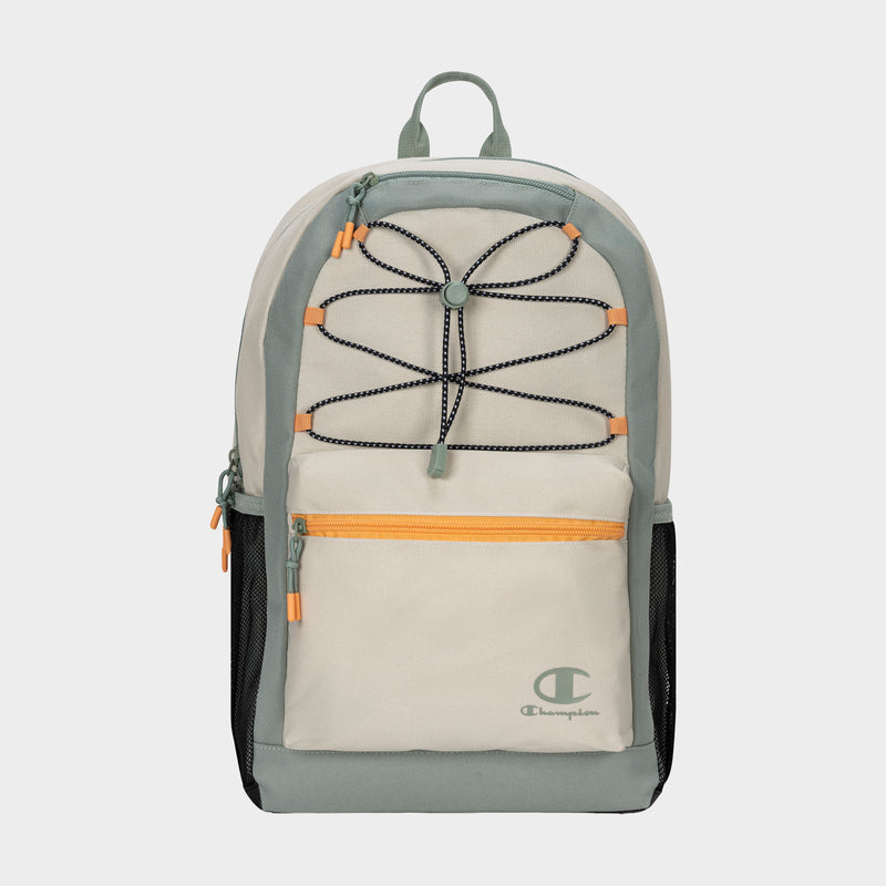 The Champion Kid's Bungee Backpack features beige and light green colors, black bungee cords, an orange front pocket zipper, mesh side pockets, and the Champion logo—ideal as a sturdy kids school or sports backpack.