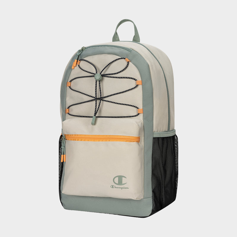 The Champion Kid's Bungee Backpack features light beige and sage green colors, a black bungee design, orange zip pocket, mesh side pocket, and Champion logo—perfect for kids seeking style and durability.