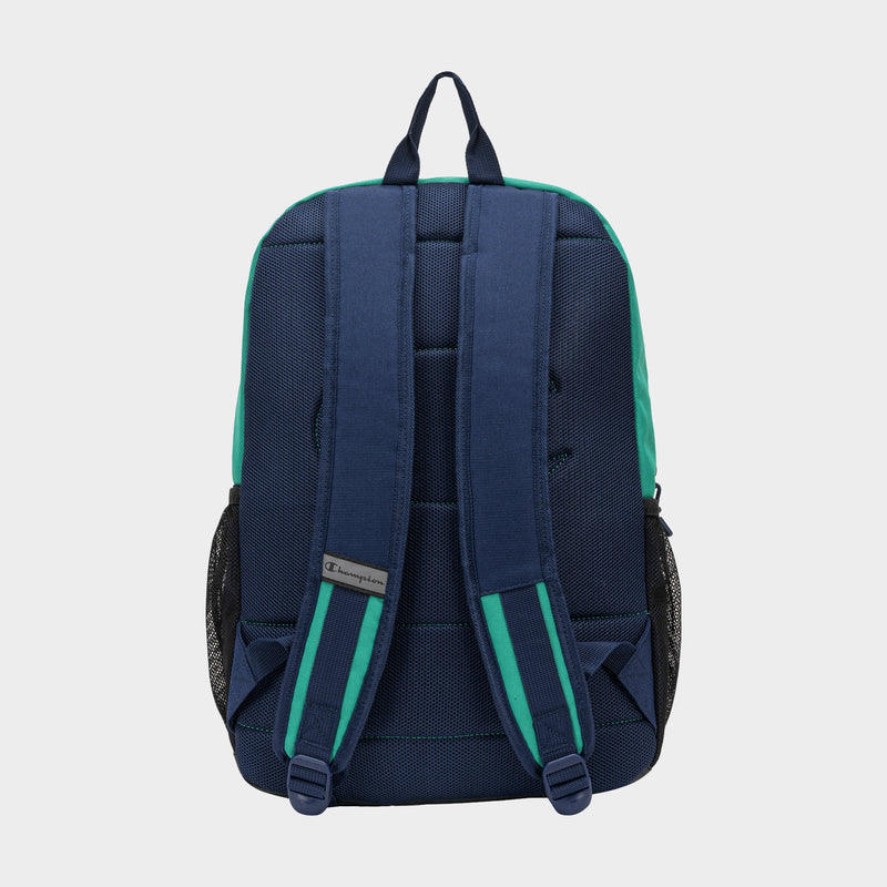 The Champion Kid's Bungee Backpack in navy blue and teal is shown from the back, featuring padded adjustable straps, a mesh side pocket, and a top handle—ideal as a durable sports backpack for kids.
