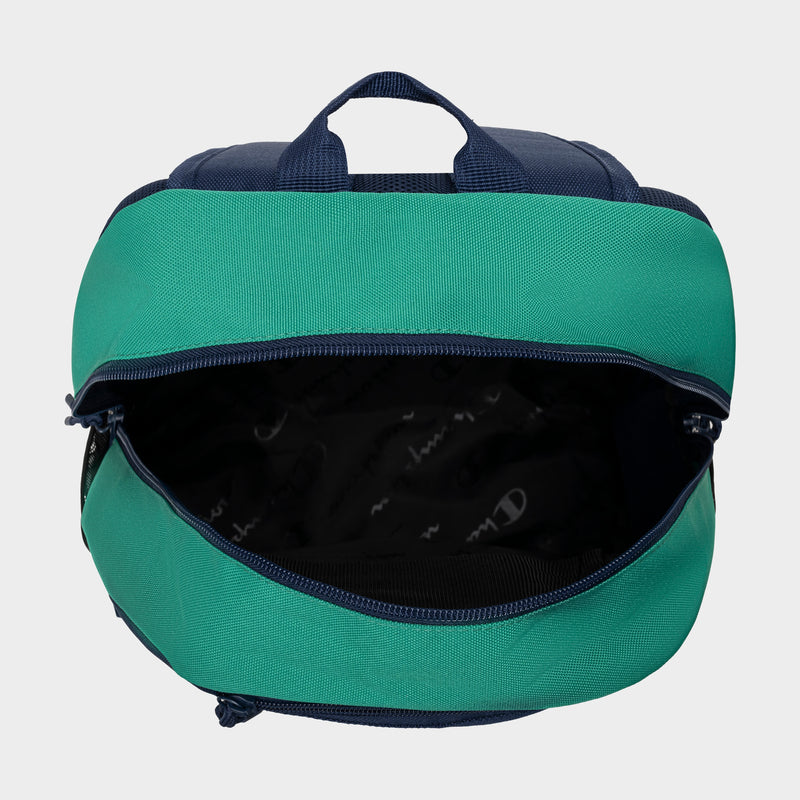 A top-down view of the Champion Kid's Bungee Backpack in green and navy with a zippered main compartment and empty black lining—this durable backpack is perfect for kids' sports.