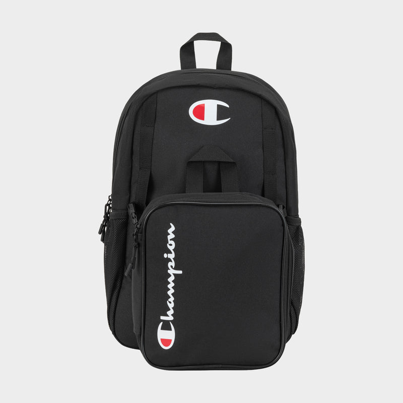 The Champion Kids' Mode Lunch Kit & Backpack Combo features a black youth backpack with a front zippered pocket, white and red Champion logo, and mesh side pocket—great for active kids. Displayed on a plain gray background.