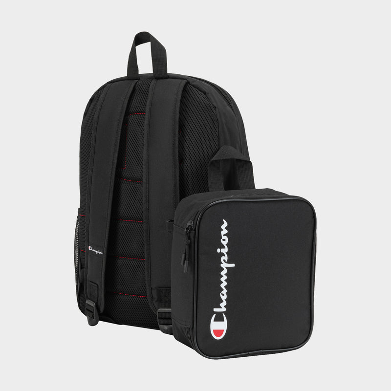 The Champion Kids' Mode Lunch Kit & Backpack Combo includes a black youth backpack with padded straps and a matching insulated lunch box, both with the white Champion logo and red accents—ideal for active kids.