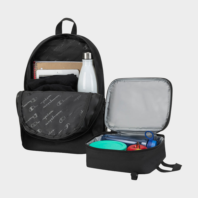 The Champion Kids' Mode Lunch Kit & Backpack Combo includes a backpack for books, clothes, and water bottle, plus an insulated lunch kit that fits a blue water bottle, red apple, and food containers—ideal for active kids.