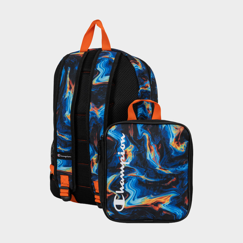 The Champion Kids' Mode Lunch Kit & Backpack Combo features a blue, orange, and black swirl design with orange handles and straps, plus a white Champion logo on the lunchbox—perfect for showing off your style.