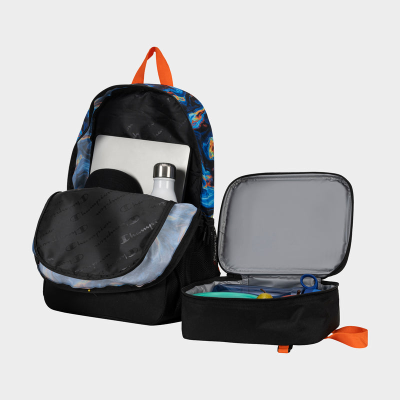 The Champion Kids' Mode Lunch Kit & Backpack Combo is shown with the backpack open to display a laptop, water bottle, and black round item inside, and the insulated lunch box unzipped to reveal its gray interior and a few items.