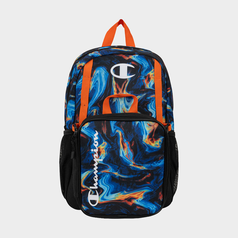 The Champion Kids' Mode Lunch Kit & Backpack Combo showcases blue, orange, and black swirls, orange straps, mesh side pockets, and the Champion logo—ideal for school with a coordinating insulated lunch box.