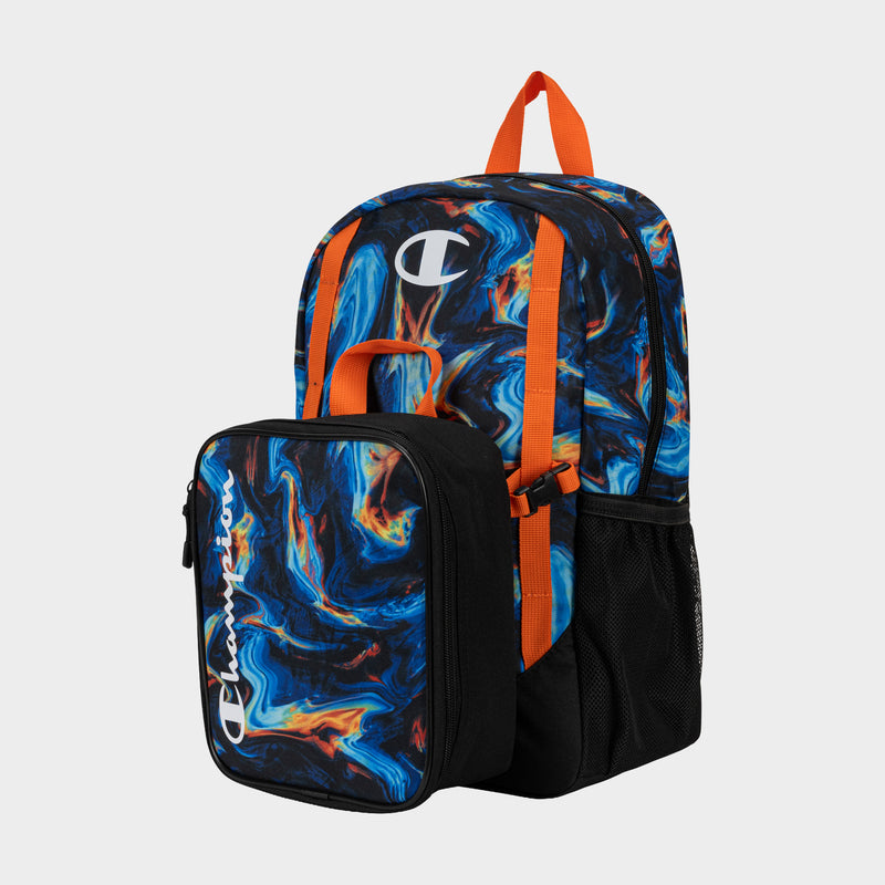The Champion Kids' Mode Lunch Kit & Backpack Combo features blue, orange, and black marble patterns, orange straps, side mesh pockets, and a detachable black front pouch with a white Champion logo—ideal for carrying your insulated lunch box.