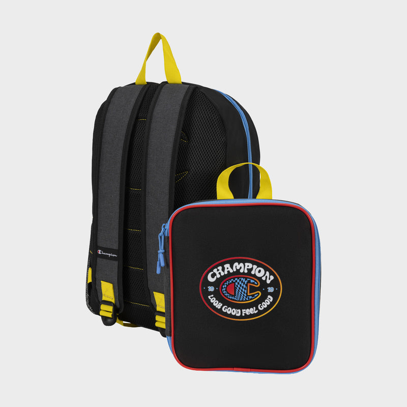 The Champion Kids' Mode Lunch Kit & Backpack Combo is a black youth backpack with yellow straps and a matching insulated lunch box featuring a CHAMPION logo patch, “LOOK GOOD FEEL GOOD” motto, blue piping, and yellow handle—perfect for Champion Mode.