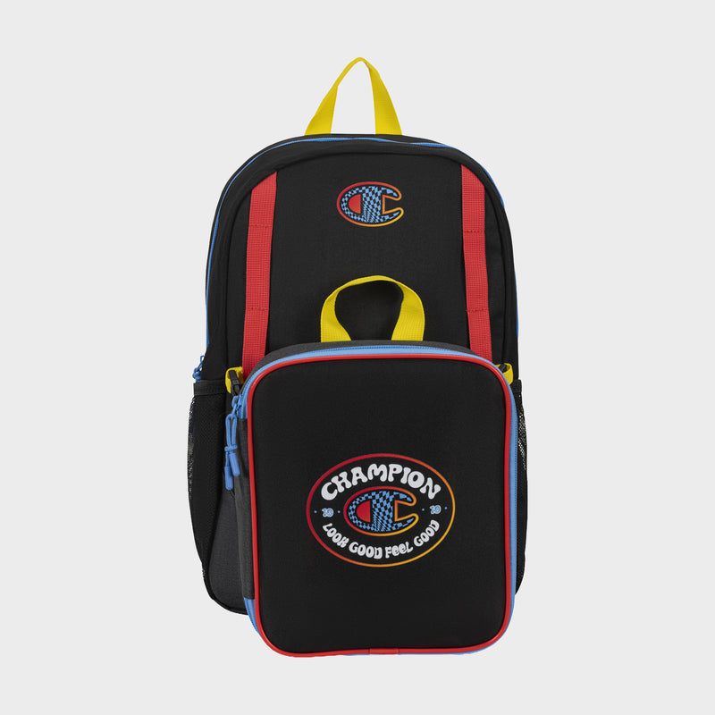 The Champion Kids' Mode Lunch Kit & Backpack Combo features a black backpack with red and blue trim, yellow handle, front pocket, and embroidered "LOOK GOOD! FEEL GOOD!"—perfect for carrying essentials in true Champion style.