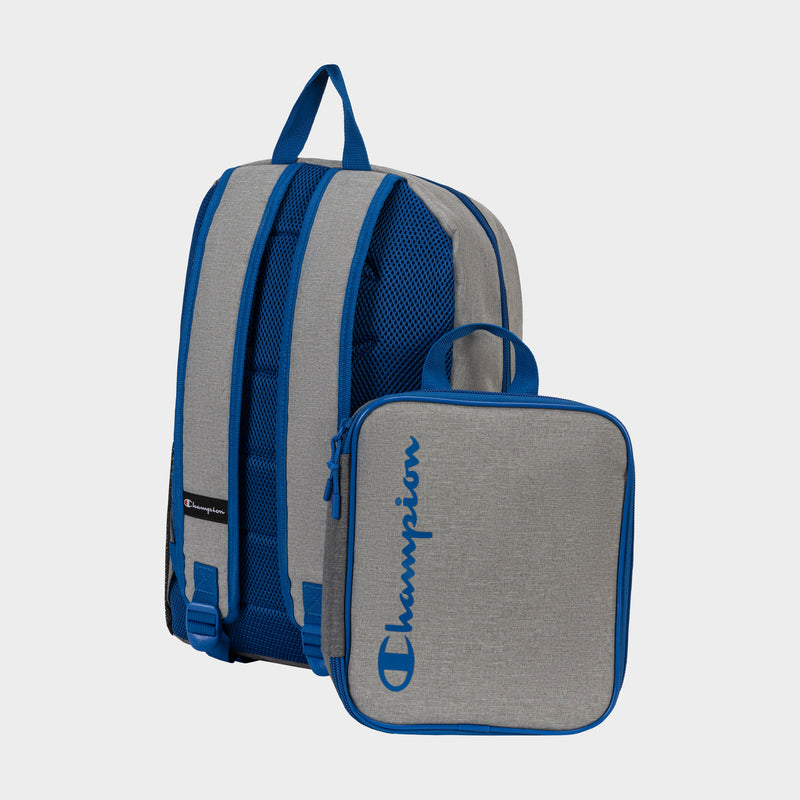 The Champion Kids' Mode Lunch Kit & Backpack Combo includes a gray and blue backpack with blue padded straps and a top handle, plus a matching insulated lunch box that attaches to the front—both featuring the Champion logo.