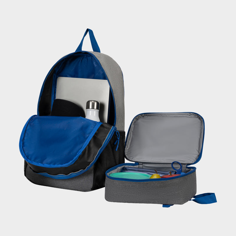 The Champion Kids' Mode Lunch Kit & Backpack Combo in gray and blue features an open main compartment with space for a laptop, bottle, and more. The matching insulated lunch box holds containers and utensils—ideal for active kids on the go.