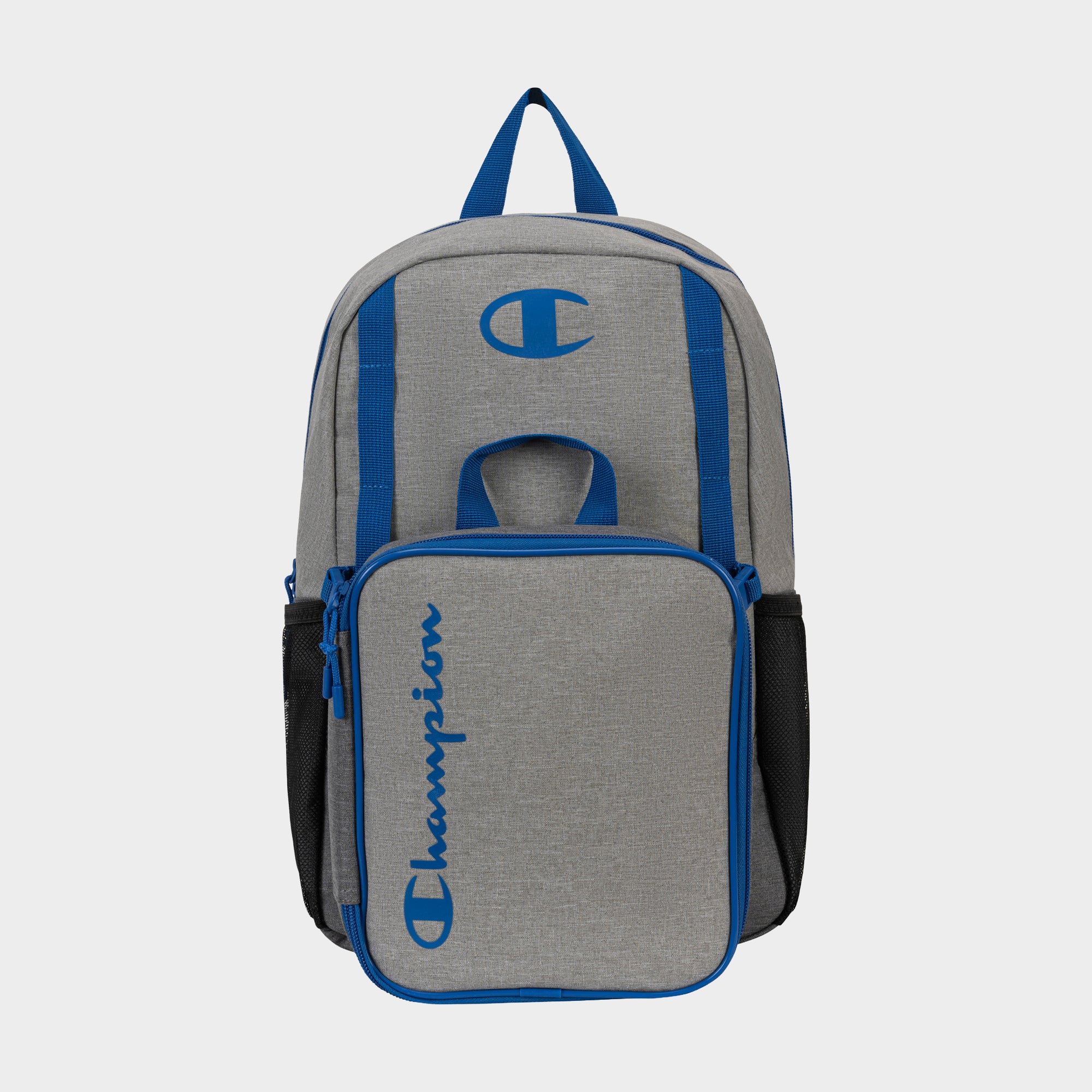 The Champion Kids' Mode Lunch Kit & Backpack Combo is a gray backpack with blue accents, iconic front logo, black mesh side pockets, and a blue handle—perfect for active kids.