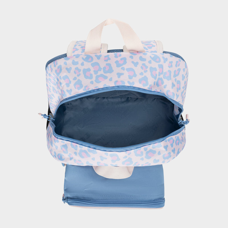 The Champion Kids' Mode Lunch Kit & Backpack Combo is featured open, revealing a roomy main compartment and a detachable blue section that serves as an insulated lunch box, all in a pastel blue and pink leopard print.