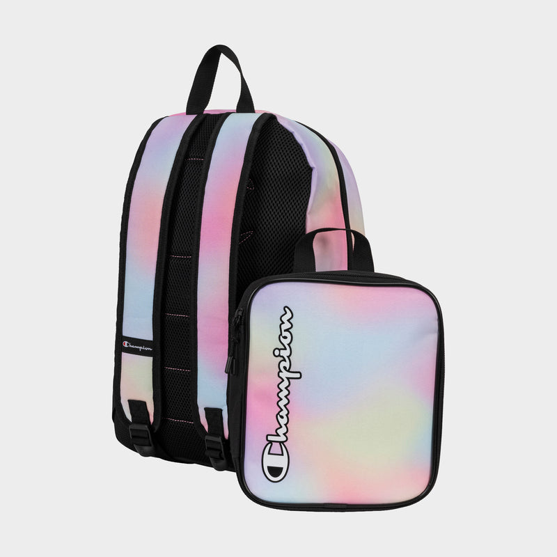 The Kids' Mode Lunch Kit & Backpack Combo by Champion features a pastel rainbow design with black straps, a matching front pouch with the white Champion logo, and durable polyester—perfect for school. Set against a plain light gray background.