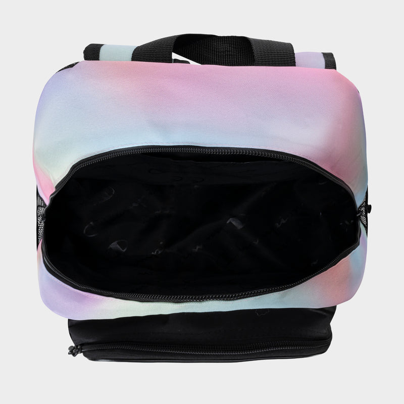 The Champion Kids' Mode Lunch Kit & Backpack Combo features a pastel gradient insulated lunch box with a black zipper, an empty main compartment, a separate zippered bottom section, and a sturdy top handle, all crafted from durable polyester.