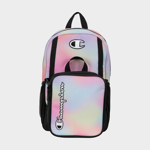The Champion Kids' Mode Lunch Kit & Backpack Combo features a durable polyester build, large front pocket, black mesh side pockets, and the signature black and white Champion logo on top and the front pocket.