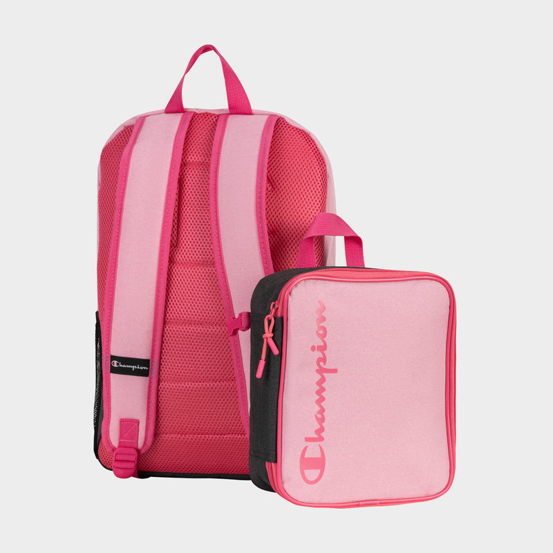 The Champion Kids' Mode Lunch Kit & Backpack Combo features a pink backpack with padded straps and a matching insulated lunch box, both with the white Champion logo. The lunch bag sits in front—ideal for kids on the go.