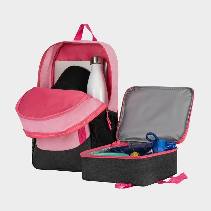 The Champion Kids' Mode Lunch Kit & Backpack Combo in pink and black has an open front pocket and matching insulated lunch box, plus space for a water bottle, tablet, scissors, pencils, and glue—perfect for active kids.