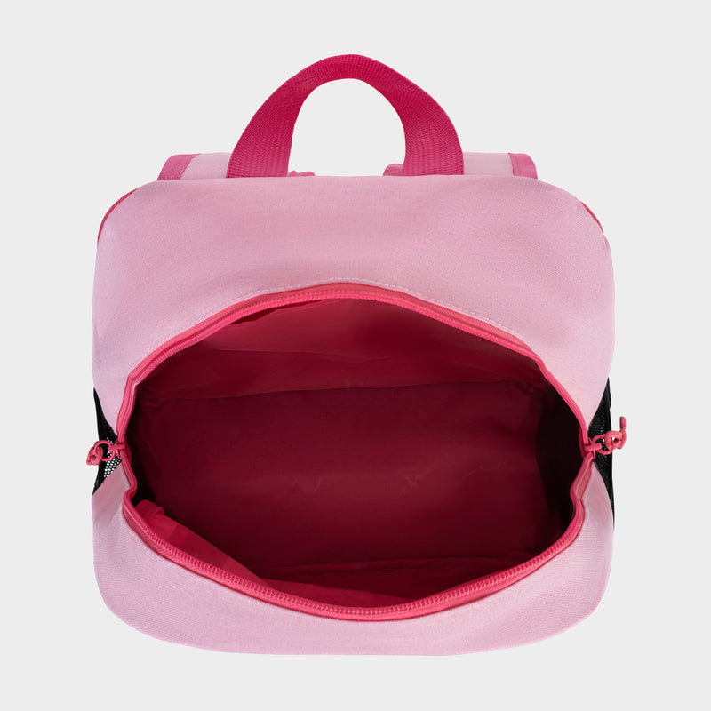 A top-down view of an open pink Champion Kids' Mode Lunch Kit & Backpack Combo with a bright pink zipper and handle, showing its empty, spacious interior—ideal for carrying lunches—set against a plain white background.