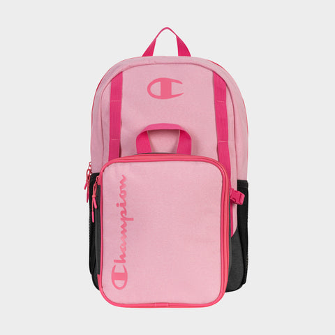 The Champion Kids' Mode Lunch Kit & Backpack Combo features pink accents, dark pink zippers and straps, black mesh side pockets, a spacious main compartment, front pocket, and Champion logo on the front—perfect for active kids.