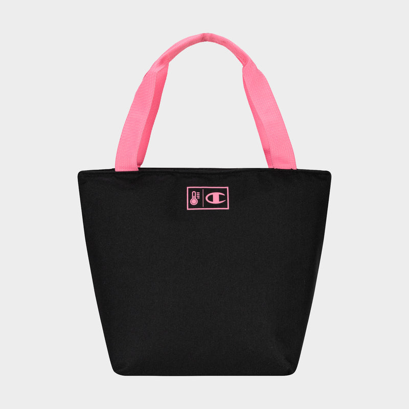 The Champion Fresh Tote Lunch Kit is black with wide pink handles and a small pink logo, shown on a white background—ideal as an insulated lunch bag or lunch kit.