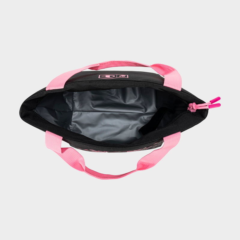 Top-down view of the Champion Fresh Tote Lunch Kit, featuring black and pink colors with pink handles and a grey insulated interior; this lunch bag is open, empty, and displayed on a plain light background.