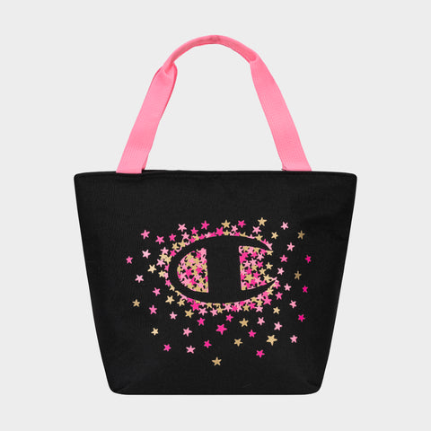The Champion Fresh Tote Lunch Kit is a black insulated bag with pink handles, a bold center C logo, and pink and gold star accents—perfect for keeping your meals fresh in style.