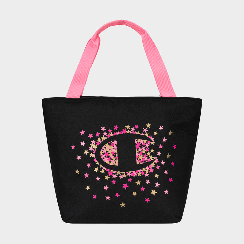 The Champion Fresh Tote Lunch Kit is a black insulated bag with pink handles, a bold center C logo, and pink and gold star accents—perfect for keeping your meals fresh in style.