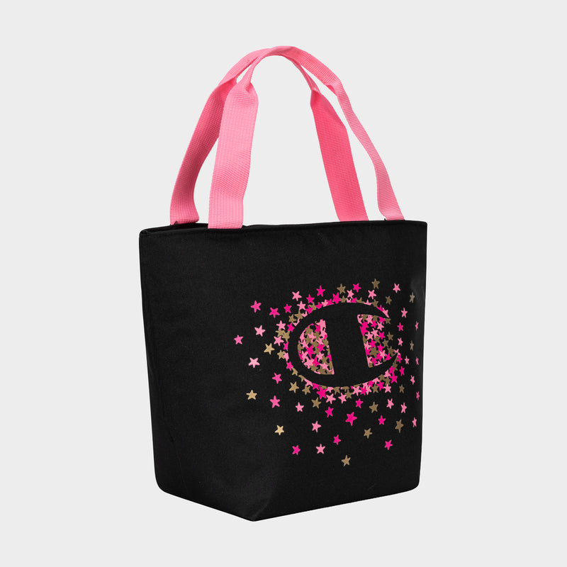 The Champion Fresh Tote Lunch Kit is black with pink handles, featuring pink and gold stars and a large pink outlined C logo—ideal as an insulated lunch bag or stylish lunch kit.