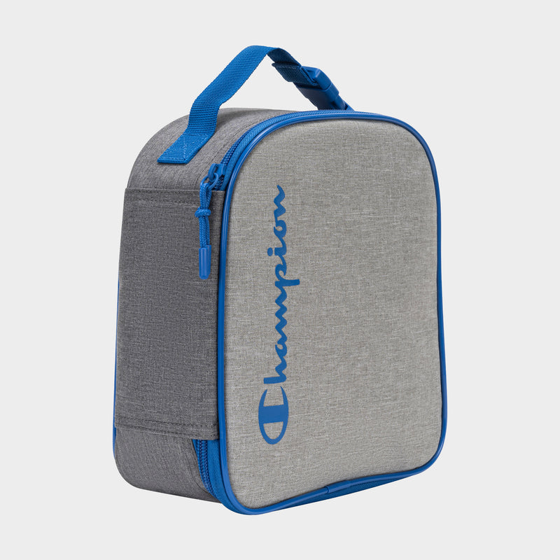 The Kids' Merit Lunch Box by Champion features a gray and blue design, blue handle and zipper, and "Champion" in blue on the front, providing excellent temperature control for meals.