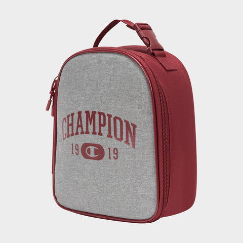 The Champion Kids' Merit Lunch Box is a rectangular insulated lunch bag with maroon handle and sides, a light gray front, CHAMPION 1919 in maroon text, zipper closure, temperature control, and a small Champion logo on the front.