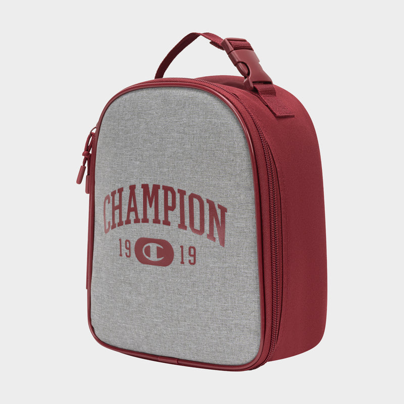The Champion Kids' Merit Lunch Box is a rectangular insulated lunch bag with maroon handle and sides, a light gray front, CHAMPION 1919 in maroon text, zipper closure, temperature control, and a small Champion logo on the front.
