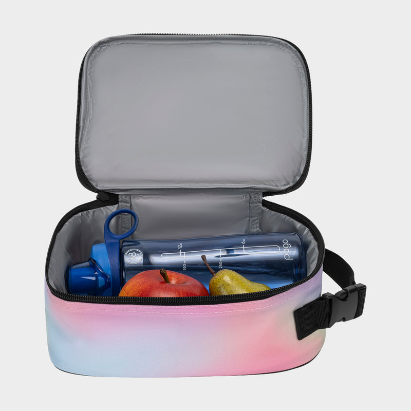 The Kids' Merit Lunch Box by Champion, pastel-colored with an open lid, holds a blue water bottle, red apple, and green pear inside its gray interior, keeping contents fresh with excellent temperature control.