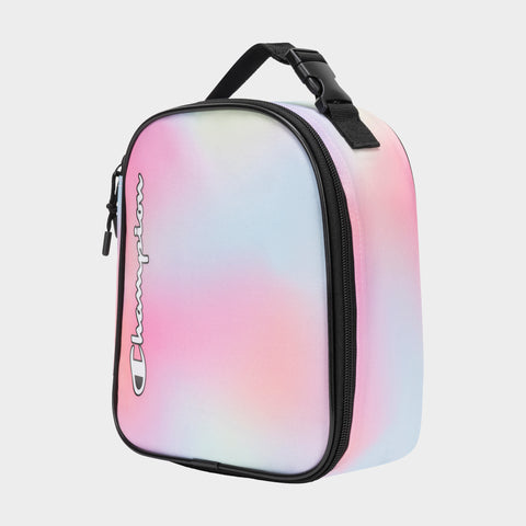 The Champion Kids' Merit Lunch Box features a pastel gradient in pink, blue, and purple, a black zipper, top handle, and vertical Champion logo—designed for perfect temperature control for your meals.