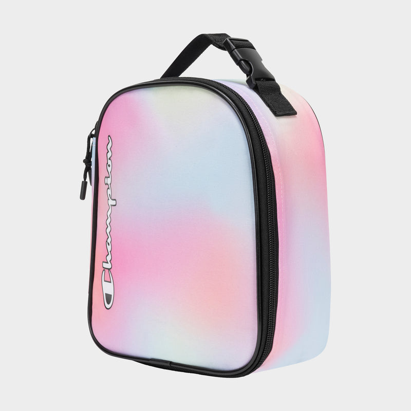 The Champion Kids' Merit Lunch Box features a pastel gradient in pink, blue, and purple, a black zipper, top handle, and vertical Champion logo—designed for perfect temperature control for your meals.