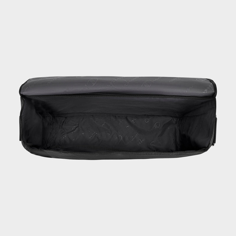 A top-down view of the Champion Phase Messenger Bag, an empty black commuter bag with a smooth lining and slightly glossy exterior, set against a plain light gray background.