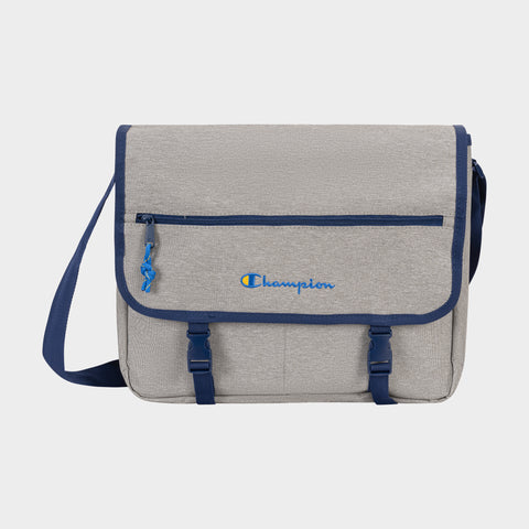 The Champion Phase Messenger Bag is gray with blue trim, a blue adjustable strap, front zipper pocket, two buckle closures, and an embroidered Champion logo in blue and yellow. Inside is a padded laptop sleeve for added convenience.