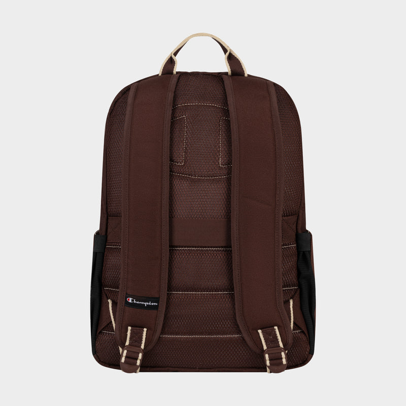 A back view of the Champion Level Backpack in brown showcases its padded shoulder straps, beige carrying handle, a small Champion logo near the bottom left strap, and a padded laptop sleeve for organized and protected everyday essentials.